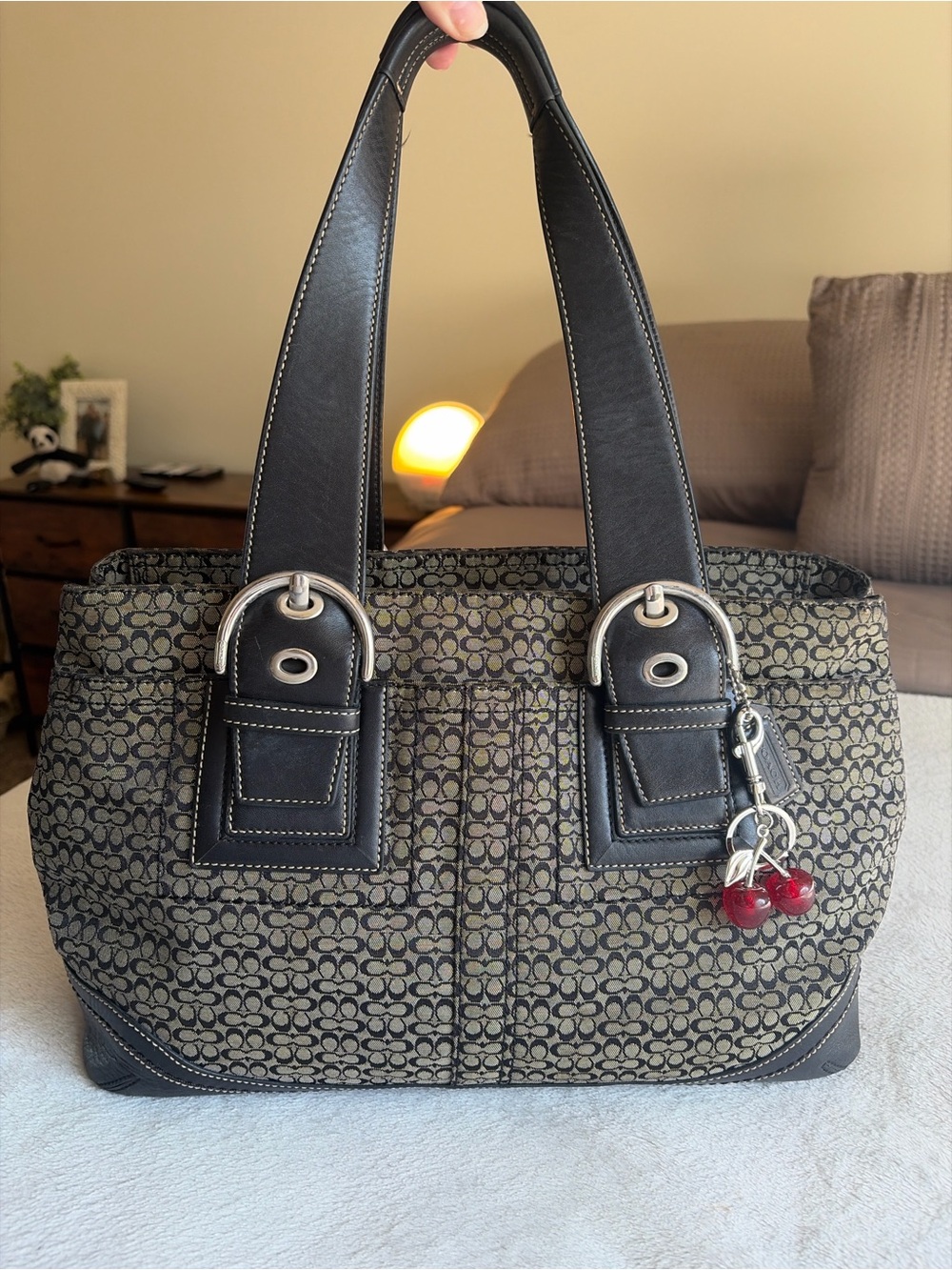 Coach Black and Tan Signature Shoulder Bag with Cherry Charm